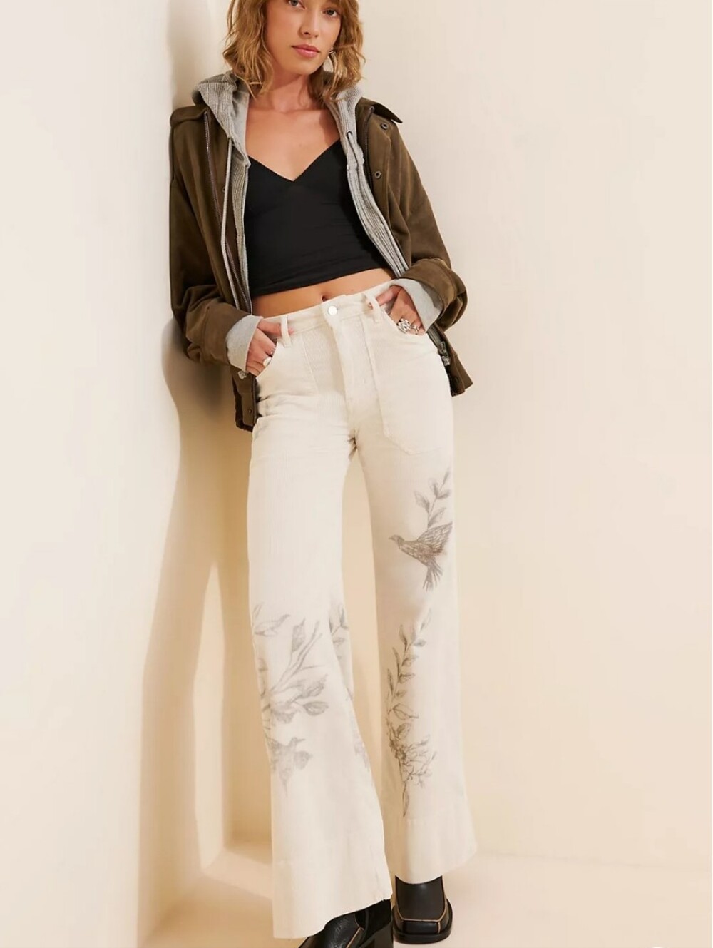 Pilcro The Rylan Relaxed High Rise Flare Corduroy Jeans Cream Bird Print Sz. 27